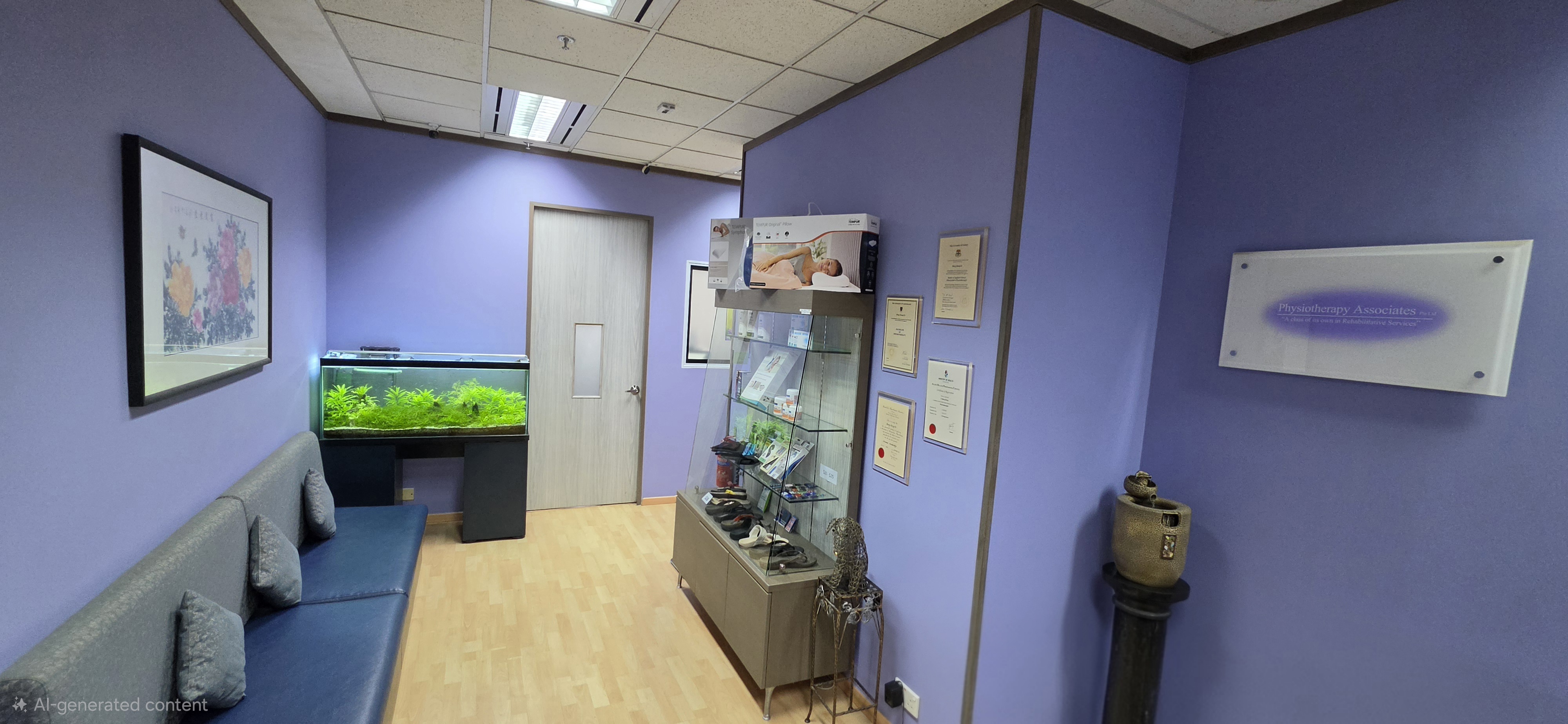 Calm physiotherapy treatment room with soft lavender walls